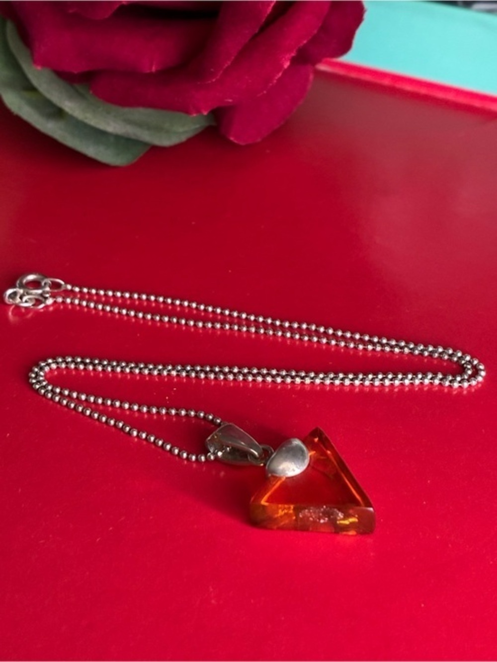 925 Sterling Silver Ball Chain Necklace with Orange Amber Triangle Pendant 15”